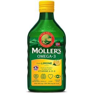Moller's Omega 3 Olio di Fegato di Merluzzo Limone 250ml - Ricco in Omega-3 DHA ed EPA, Vitamine A, D ed E