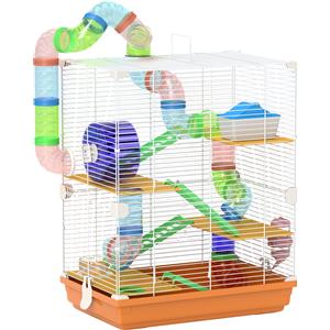 PawHut Gabbia per Criceti a 5 Livelli con Tubi, Ruota, Scale, Casetta e Bottiglia, 46x30x58 cm, Arancione | Aosom Italy