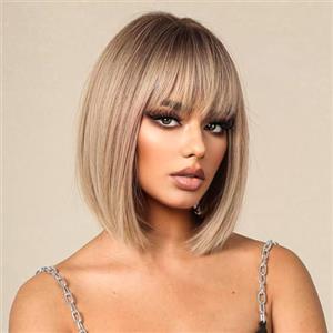 YEESHEDO Parrucca corta Bob bionda Ombre, capelli lisci con frangia piatta, parrucca sintetica colorata, cosplay, quotidiana, per feste, per donne, naturale come capelli veri, 30 cm