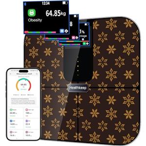 Healthkeep Bilancia connessa Bluetooth con display TFT a colori e tecnologia ITO, 25 dati del corpo con frequenza cardiaca APP per Andriod e iOS 180kg/400lb/28st, Marrone