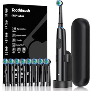 Generic Spazzolino elettrico rotante a sospensione magnetica, 5 modalità di pulizia sonica, impermeabile, 8 testine e custodia per il trasporto, adatto per bambini e adulti, in viaggio, campeggio, ciclismo
