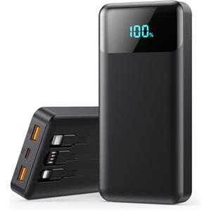QODJN Power Bank 26800mAh, Powerbank con Cavi Integrati 25W PD Ricarica Rapida Caricatore USB C Portatile con 5 Uscite & 2 Ingressi Batteria Esterna con LCD Display per iPhone 16/15, Samsung ect (Nero)