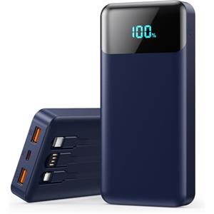 QODJN Power Bank 26800mAh, Powerbank con Cavi Integrati 25W PD Ricarica Rapida Caricatore USB C Portatile con 5 Uscite & 2 Ingressi Batteria Esterna con LCD Display per iPhone 16/15, Samsung ect (Blu)