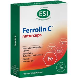 ESI Ferrolin C - Integratore Alimentare Naturcaps con Ferro, Vitamina C, Acido Folico e Vitamina B12 - 30 Capsule