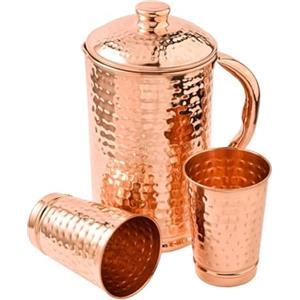 2activelife Brocca in rame puro al 100% da 1500 ml, con 2 bicchieri, brocca martellata per acqua potabile con bicchieri, set di brocca in rame con coperchio e tazze, borraccia con manico, benefici per