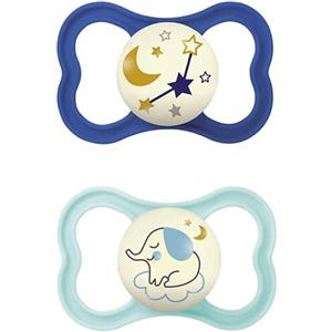 MAM Air Night Ciuccio Luminoso in Set da 2, in Silicone con Custodia Porta Succhietto, 16+ Mesi, Azzurro
