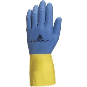 Deltaplus Guanti da Lavoro Duocolor 330 - Lattice Floccato Cotone, Lunghezza 30cm, Spessore 0,60mm, Taglie 7-8 e 8-9, Blu-Giallo