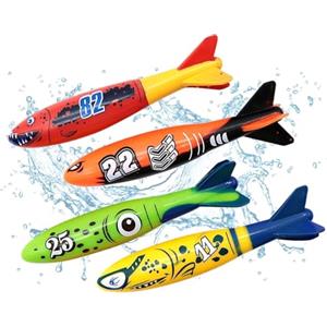 Uadme Giochi da Immersione, 4 Pezzi Set da Giocattolo Subacqueo, Piscina Giocattolo Scivolo Squalo Lancio Siluro per Bambini, Sviluppare Abilità e Sicurezza Subacquea