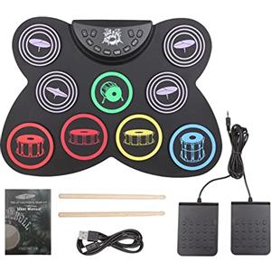 Jrifedptry Batteria elettrica, 9 cuscinetti in silicone pieghevole batteria elettronica con jack per cuffie, altoparlante integrato, pedali, bacchette