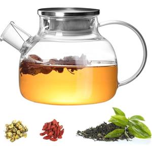 Diompirux 1000ml Teiera in vetro con filtro nel beccuccio, Filtro in Acciaio Inox Coil, Teiera in vetro borosilicato con colino in metallo e cap, per tè, tisane, caffè, Sfuso Infusiera