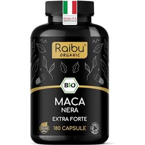 RAIBU Maca Peruviana Nera BIO Extra Forte - 12.800 mg Maca Nera al giorno (equivalente a 3.200 mg) - Equilibrio Ormonale, Energia, Benessere - Originaria del Perù & Certificata BIO - 180 Capsule Vegane