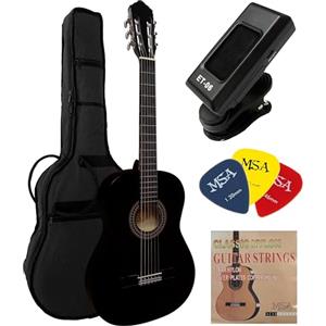 MSA Musikinstrumente 4/4 CHITARRA CLASSICA ACUSTIKA DA CONCERTO SET - LEGNO DI TIGLIO - BORSA - 3x PLETTRI - ACCORDATORE ET33 (nero)