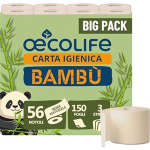 œcolife Carta igienica in bambù, 3 strati, 56 x 150 fogli per rotolo, super morbida, vegana, carta igienica sostenibile, confezione da 60% PCR (56 rotoli)