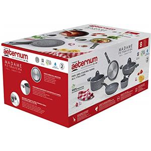 Aeternum, Madame Petravera 3.0, Batteria 8 pezzi, 2 padelle 20-24 cm, 2 casseruole 16-20 cm, 1 tegame 28 cm, 3 coperchi 16-20-28 cm, Ideale per Induzione, Full Induction, Grigio