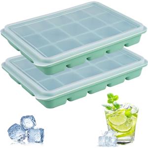 FerraDrend 2 Pezzi Stampo Ghiaccio Silicone, Porta Ghiaccio per Freezer con Coperchio, 15 Scomparti Formine Ghiaccio Silicone, Vassoio per Cubetti di Ghiaccio per Cocktail, Whisky, Frutta Purea, Gelato, Succo
