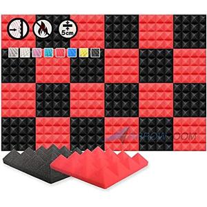 Arrowzoom 24 Pannelli Fonoassorbenti Piramidali Correzzione Acustica Ritardante di Fiamma Isolamento Acustico 25x25x5cm Rosso & Nero