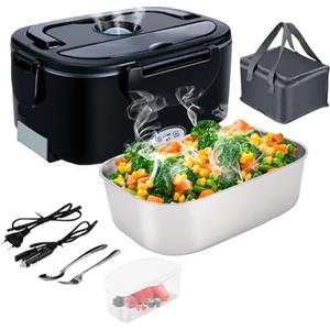 Gentre Lunch Box Elettrico Portatile Scaldavivande per Auto Camion e Ufficio 4 in 1 12V/24V/220V~240V 1.5L 60W Porta Pranzo in Acciaio Inox, Scomparti, Forchetta Cucchiaio e Borsa Per il Trasporto