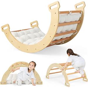 RELAX4LIFE Arco da Arrampicata per Bambini, Cavallo a Dondolo in Legno con Cuscino Morbido, Palestra Montessoriana per Bambini 3+ Anni (Naturale)