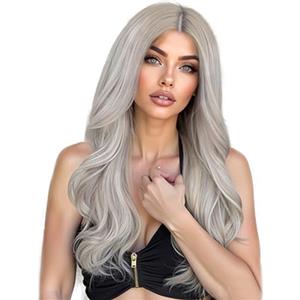 AFBeauty Parrucche grigie argento per le donne parrucca frontale in pizzo grigio ondulato lungo parrucca pre pizzicata attaccatura dei capelli veri parrucche sintetiche resistenti al calore trascinare