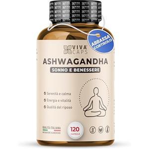 VIVACAPS Ashwagandha pura alto dosaggio 1200mg per abbassare il Cortisolo 120 Cps, Ashwagandha capsule per stanchezza e stress - Made in italy