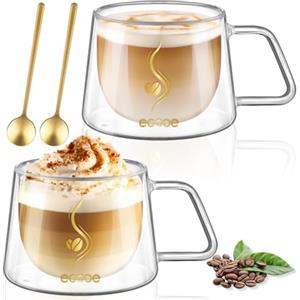 ecooe 350ml Tazza da Caffè in Doppio Vetro Set di 2 Bicchieri da Caffè a Doppia Parete con Manico e Cucchiaio per Tè, Caffè, Latte, Cappuccino, Regalo di Compleanno per un Amico dei Genitori