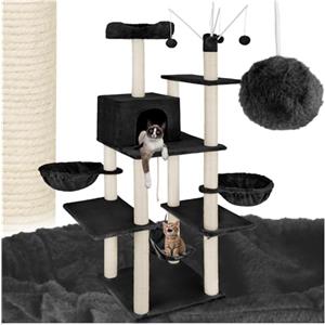 tectake® Albero Tiragraffi per Gatti con Colonne in Sisal, Tiragraffi Gatto con Cuccette e Comoda Casetta con Piattaforma Panoramica, Rivestimento in Morbido Peluche - Nero