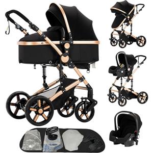 Reenborn Passeggino Trio, Passeggino 3 in 1 con Due Modi Reversibili Spingere, Trio con Design Pieghevole in Un Clic, Trio Passeggino Neonati con Telaio Alluminio Paesaggistico Alto (588 Black Gold)