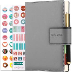 Mljtoyo Agenda accademica 2025-2026, una pagina per giorno, agenda 12 mesi da luglio 2025 a giugno 2026, agenda giornaliera con copertina rigida, con penna, portapenne, adesivi, tasca interna, grigio