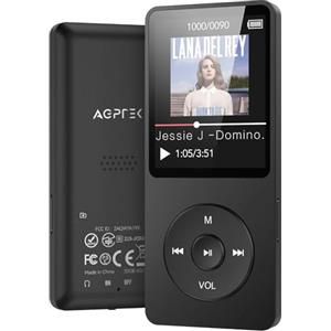 AGPTEK Lettore MP3 Bluetooth 5.3, 32GB MP3 Player con Altoparlanti Integrati - Riproduttore Musicale Portatile HiFi Lossless, FM/Registratore, Sportivo (Cuffie Non Incluse), Nero