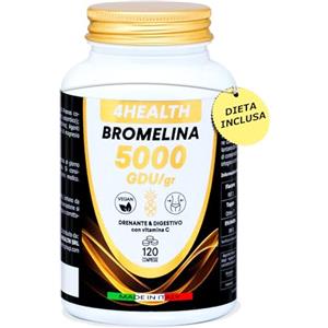 4HEALTH® Bromelina Forte Drenante 5000GDU(DIETA DRENANTE DETOX INCLUSA)+Vitamina C-Estratto d'Ananas Drenante Forte Dimagrante Anticellulite -Enzimi Digestivi & Microcircolo -VEGAN & MADE IN ITALY