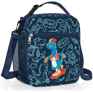 Clastyle Borsa Termica Porta Pranzo Bambini Scuola Mostri Borsa Frigo Piccola Ragazzi Portatile,Dinosauro Skateboard
