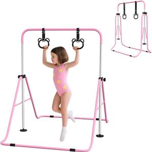 HOMCOM Sbarra Ginnastica Artistica per Bambini 3+ Anni da Casa Pieghevole, Barra per Ginnastica ad Altezza Regolabile con 2 Anelli e Tappetini Antiscivolo, Attrezzatura da Allenamento, Rosa