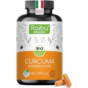 RAIBU Curcuma Capsule ad Alto Dosaggio 1500mg, 180 Capsule Vegane - BIO Curcumina con Piperina e Zenzero, Curcuma in Polvere ad Alto Dosaggio - 100% Vegan, Senza OGM - Raibu