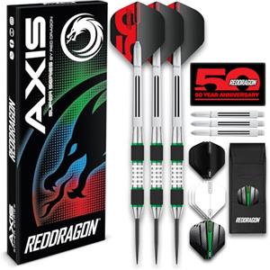 RED DRAGON Darts - Axis Set di Freccette in Acciaio Professionale da 24 Grammi in tungsteno Verde con Alette, aste e Portafoglio