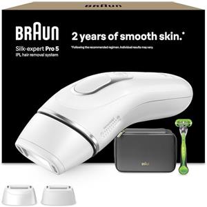 Braun Silk·expert Pro 5 Epilatore LUCE PULSATA, Epilazione A Casa, Alternativa All'Epilazione laser, Con Custodia, Rasoio Uomo Gillette, 2 Testine, Idea Regalo, Bianco/Oro, PL5145