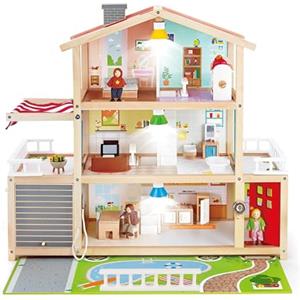 Hape Villa delle bambole | Casa arredata per gioco di ruolo | Casa giocattolo a tre piani in legno | Per bambini dai 3 anni