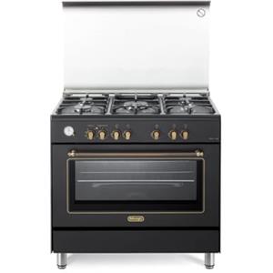 De'Longhi PEMA 965 CSG Cucina A Gas, 90 Cm, Forno Elettrico Multifunzione, 5 Bruciatori, 1 Doppia Corona, Coperchio In Vetro, Linea Country, Colore Nero, Classe Energetica A
