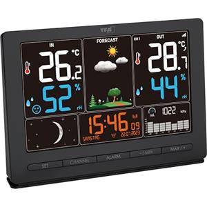 TFA Dostmann stazione meteo con sensore esterno radio SEASON 2, 35.1118.01, previsioni del tempo, display a colori, temperatura e umidità, incluso orologio radio con fasi lunari, nero