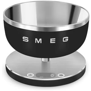 Smeg, Bilancia da Cucina Digitale KSC01BLMWW, Ciotola in Acciao Inox Removibile, Quattro Unità di Misura g/ml e lb.oz/fl.oz, con Funzione Tara, Portata Massima 5kg, Nero