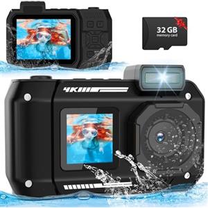 Nawchedo Fotocamera impermeabile 4K UHD 48MP Fotocamera subacquea 33FT con scheda 32G robusta antipolvere antiurto autofocus selfie doppio schermo fotocamera digitale subacquea per snorkeling (nero)