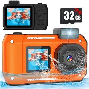 Nawchedo Fotocamera subacquea 4K 48MP impermeabile 32GB doppio schermo robusta antipolvere antiurto autofocus per selfie snorkeling immersioni sport viaggi (arancione)