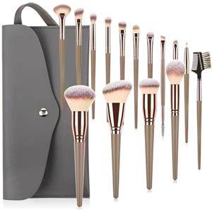 LuLiyLdJ Pennelli Make Up, 15 Pezzi Set Pennelli Trucco Professionale con Trousse in Pelle PU, Champagne Gold Kit Occhi Makeup Brushes Regalo per Ragazze Donne Compleanno San Valentino