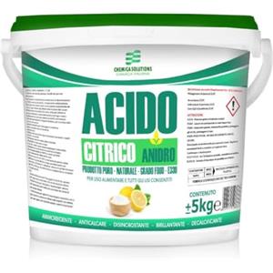 CHEMICA SOLUTIONS Acido Citrico ANIDRO 100% E330 Naturale Multifunzione, Detersivo pavimenti, Pulizia Calcare lavatrice,Brillantante Decalcificante,Alimentare Barattolo da 5 Kg