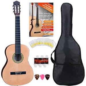 Classic Cantabile AS-861 Chitarra Classica da Concerto 7/8 Starter-Set (chitarra classica acustica, adatta per bambini da 10-13 anni, borsa, corde, spartiti, plettro, diapason) naturale