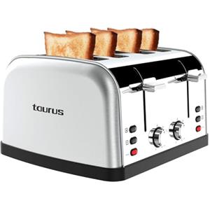 Taurus - Tostapane Vintage Four 1900W | 4 Fessure 135x35mm | 7 Livelli | 3 Funzioni | Controlli indipendenti | Inox | Centratura automatica | Raccoglibriciole | Sollevamento extra | Grigio