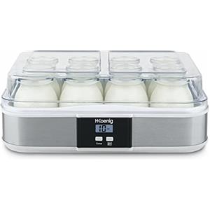 H.Koenig Yogurtiera 12 vasetti ELY120, Capacità 12 x 160 ml, Programmabile, Display LCD, Corpo in acciaio inox, Senza BPA, Lavabile in lavastoviglie, Spegnimento automatico, Potenza 21,5 W
