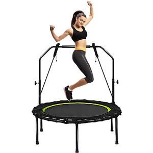 KOMFOTTEU Trampolino Fitness Ø101 cm con Carico di 150 kg, Trampolino Elastico con 2 Fasce di Resistenza e Manico Regolabile in 4 Livelli, Mini Trampolino di Rimbalzo Pieghevole per Adulti e Bambini
