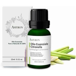 AMYRON Olio Essenziale Citronella AMYRON 15ml | Cymbopogon Winterianus | Naturale E Puro Al 100% | Ideale Per Aromaterapia E Uso Terapeutico | Diffusore Oli Essenziali | Massaggi | Uso Alimentare Senza OGM.