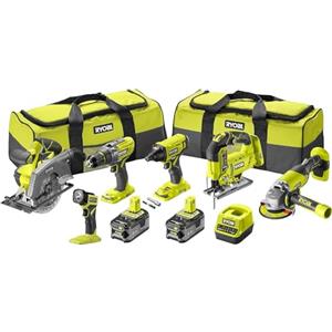 Ryobi RCK186A-250S, Kit di Utensili 18V One+ da 6 Pezzi, Trapano a Percussione + Avvitatore a Impulsi + Smerigliatrice + Sega circolare + Torcia + 2 Batterie da 5,0 Ah + Caricatore + 2 borse