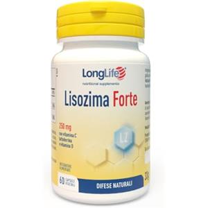 LongLife® Lisozima Forte 250mg | Lisozima idrolizzato di albume d'uovo, vitamina C, lattoferrina e vitamina D-3 | Sistema immunitario | Capsule gastroresistenti | Vegetariano e senza glutine